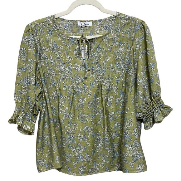 Sam Edelman MARLIE Peasant Top Size L Green Branch & Blossom Print Tie Neck NEW - Picture 1 of 12